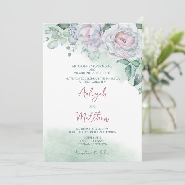 Beautiful Delicate Watercolor Rose Wedding Invitation (Standing Front)