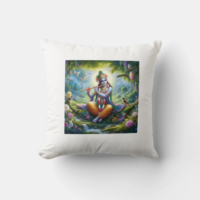 Beautiful depiction of Lord Krishna playing flute Cushion (Front)