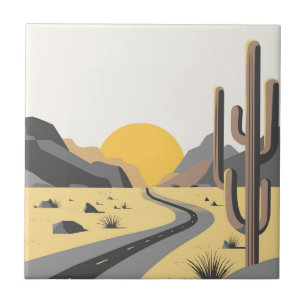 Beautiful desert sunrise with mountain view tile
