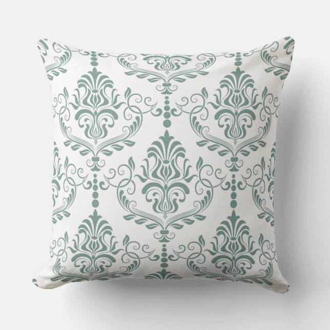 Beautiful Designer Green Damask Reversible Pillow (Front)