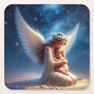 Beautiful Digital Painting of Angel Holding a Baby Square Paper Coaster