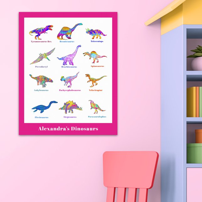 Beautiful Dinosaur watercolor with names pink Poster (Colorful dinosaurs with names bright pink girls custom dino poster)