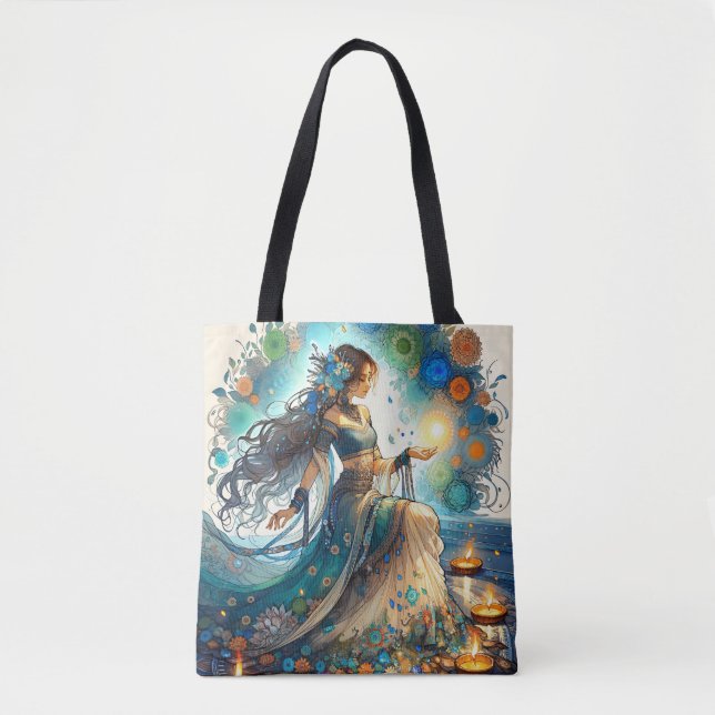 Beautiful Diwali Woman and Rangoli Tote Bag (Front)