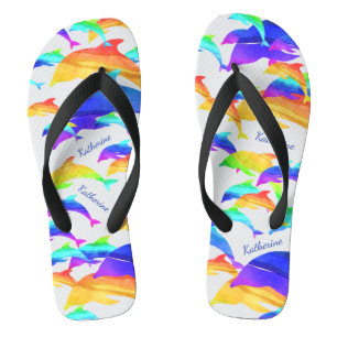 Beautiful Dolphins in Rainbow with First Name Jandals