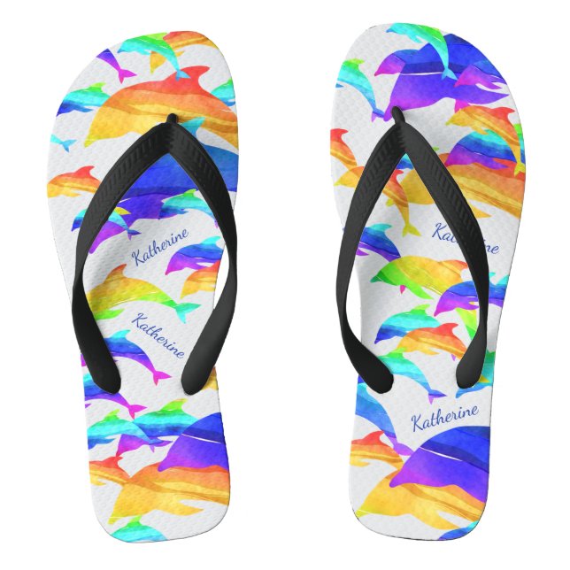 Beautiful Dolphins in Rainbow with First Name Jandals (Footbed)