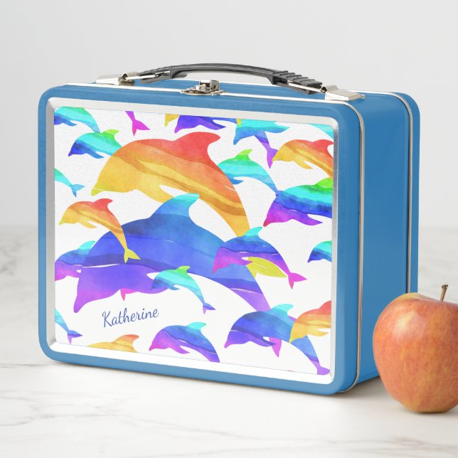 Beautiful Dolphins in Rainbow with First Name Metal Lunch Box (In Situ)