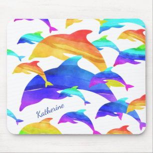 Beautiful Dolphins in Rainbow with First Name Mouse Pad