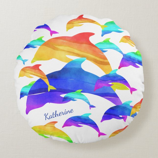 Beautiful Dolphins in Rainbow with First Name Round Cushion (Front)