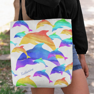 Beautiful Dolphins in Rainbow with First Name Tote Bag