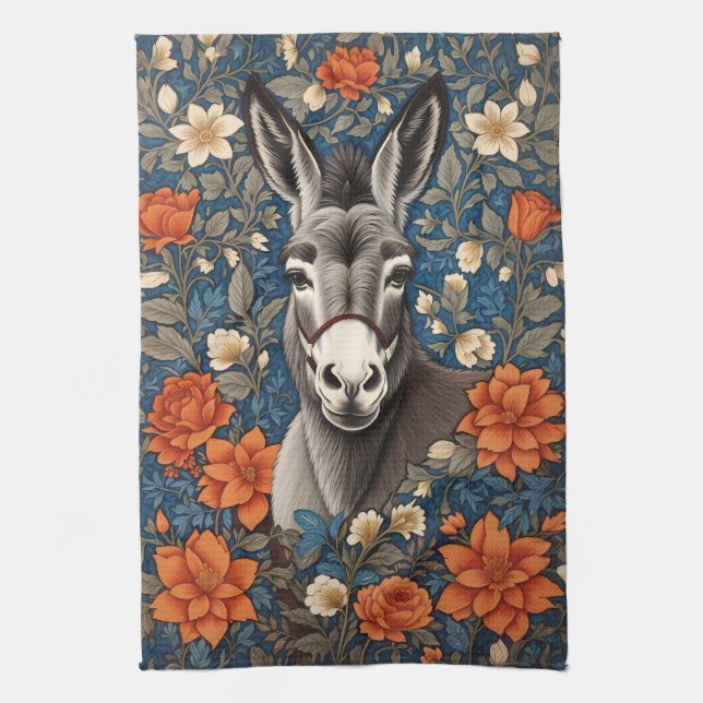 Beautiful Donkey Face Elegant Floral Tea Towel (Vertical)