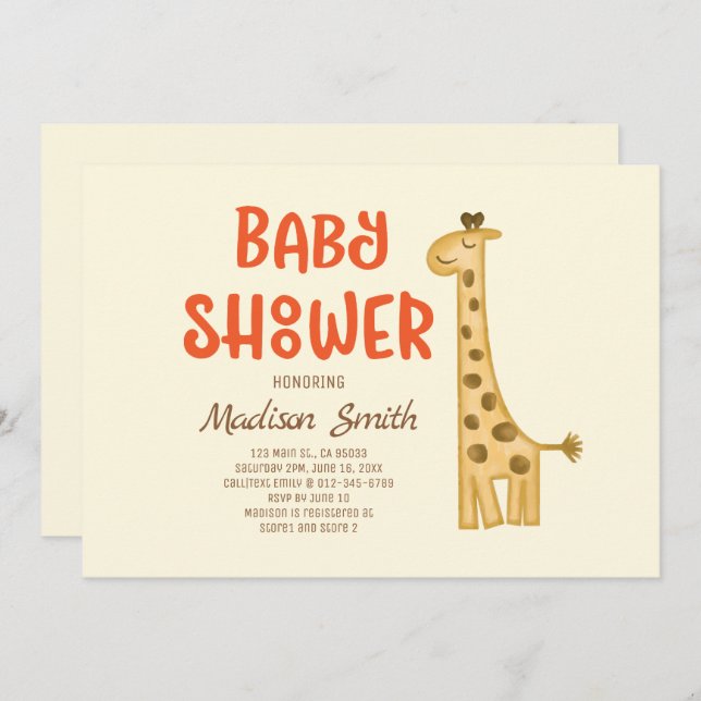 Beautiful Doodle Watercolor Giraffe Baby Shower Invitation (Front/Back)