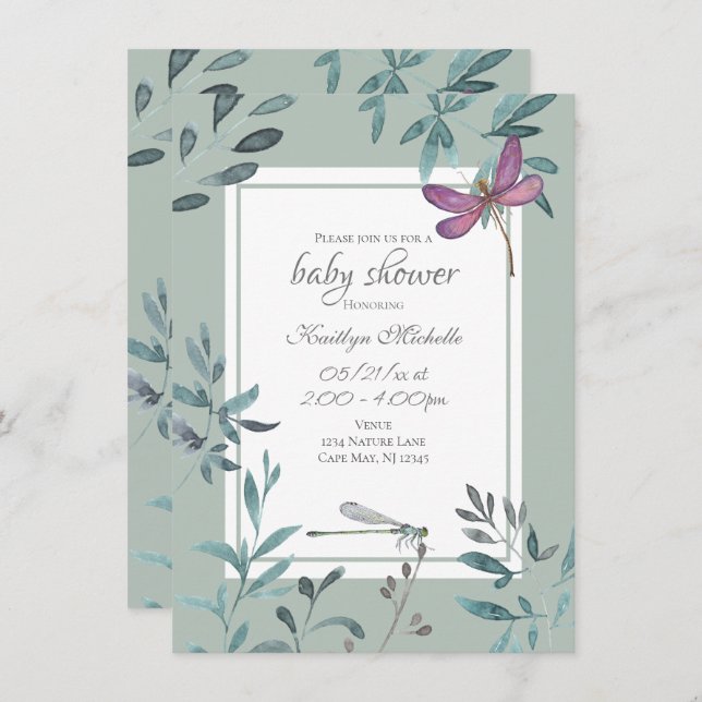 Beautiful Dragonfly Garden Greenery Baby Shower Invitation (Front/Back)