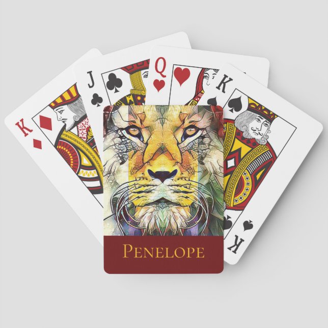 Beautiful Dramatic African Lion Pop Art with Name Playing Cards (Back)
