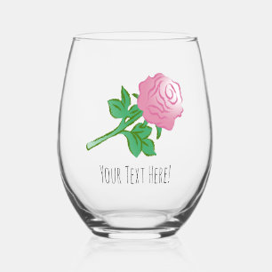 Beautiful drawing of a pink rose stemless wine glass