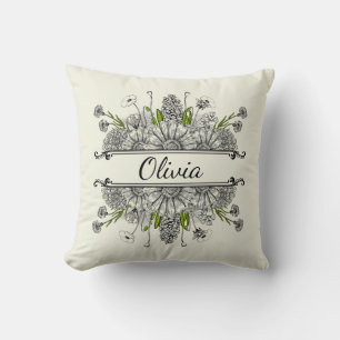 Beautiful drawing of black and white flowers cushion