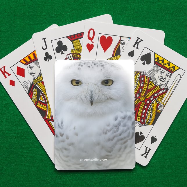 Beautiful, Dreamy and Serene Snowy Owl Playing Cards (Snowy Owl Playing Cards on Green Felt Playing Surface Cover Photo)