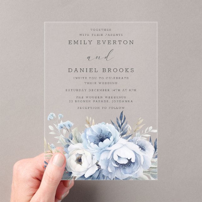 Beautiful Dusty Blue Floral Wedding  Acrylic Invitations (Insitu (Handheld))