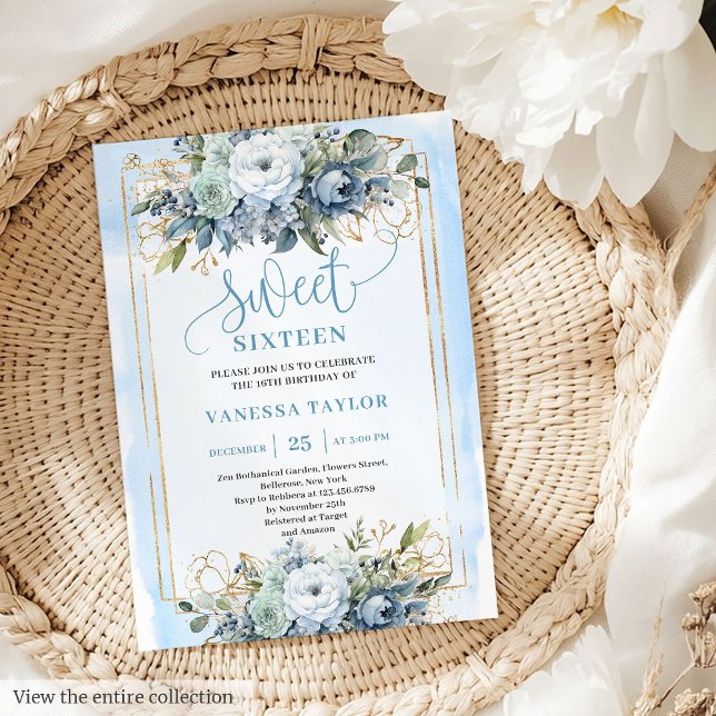 Beautiful Dusty Blue White Gold Flowers Sweet 16  Invitation (Beautiful Dusty Blue White Gold Flowers Sweet 16 Invitation)