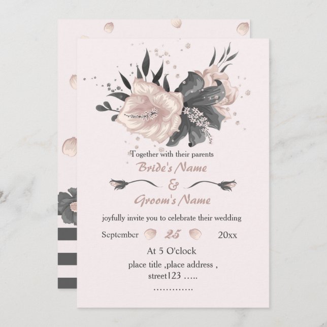 beautiful dusty pink dark grey flowers wedding invitation (Front/Back)