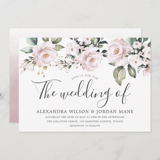 Beautiful Dusty Rose Blush Pink Wedding Invitation (Front/Back)