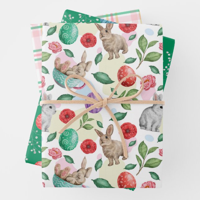 Beautiful Easter Bunny & Flowers Wrapping Paper Sheet (In situ)