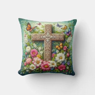 Beautiful Easter floral cross with butterflies Cushion