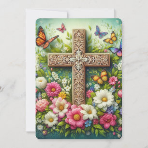 Beautiful Easter floral cross with butterflies Holiday Card