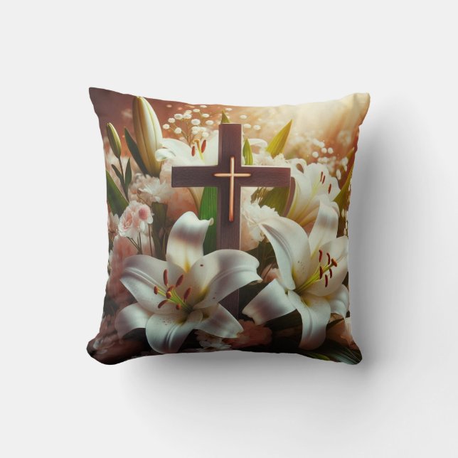 Beautiful Easter lily cross Cushion (Front)