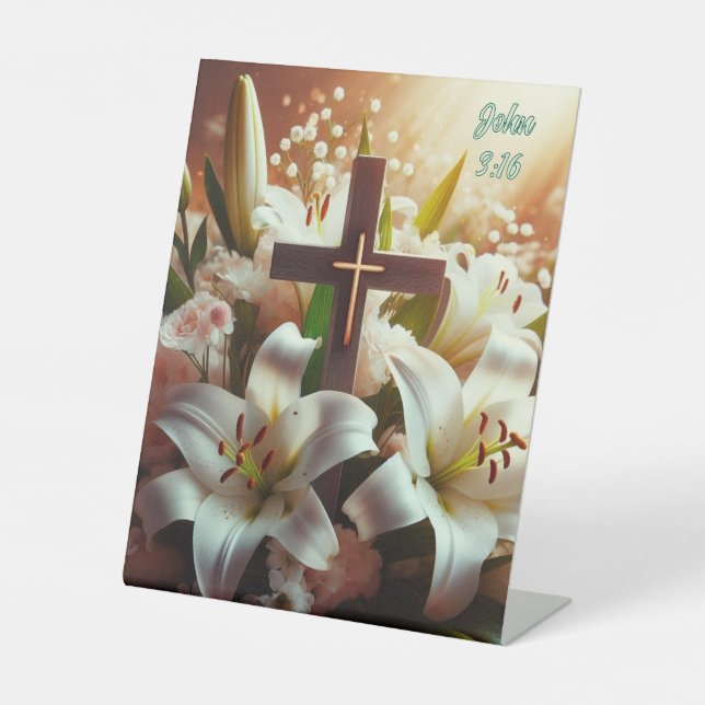 Beautiful Easter lily cross Pedestal Sign (Front)