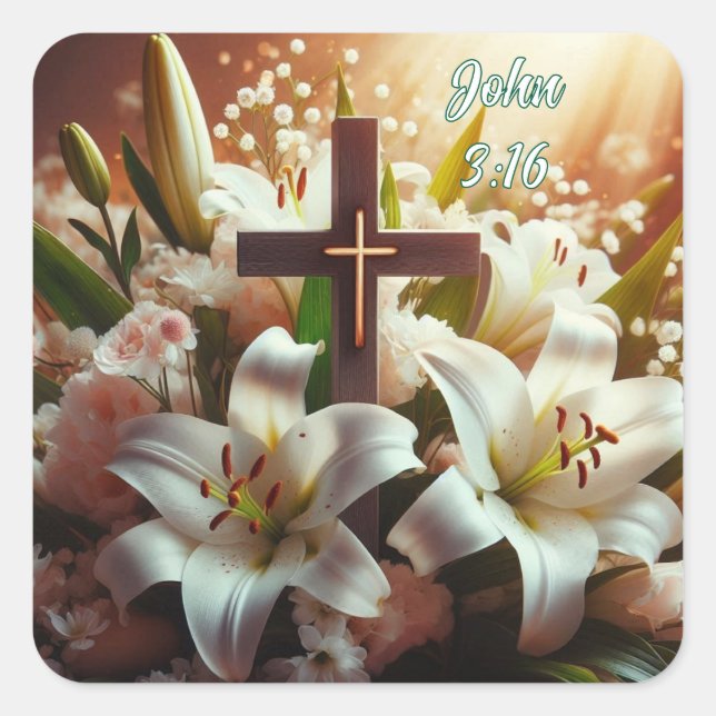 Beautiful Easter lily cross Square Sticker (Front)