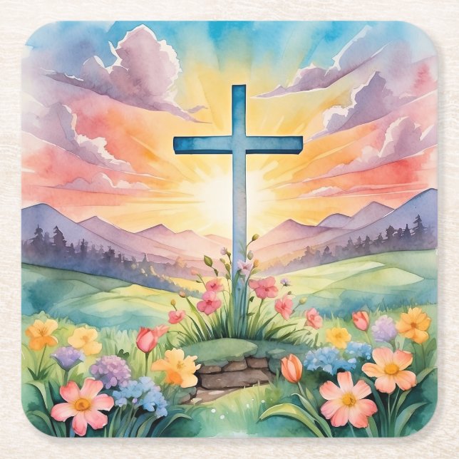 Beautiful Easter Watercolor Art Square Paper Coaster (Front)
