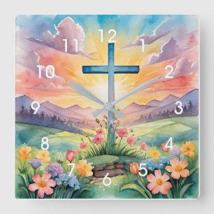 Beautiful Easter Watercolor Art Square Wall Clock