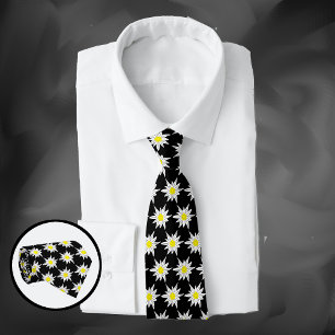 Beautiful Edelweiss Flower Pattern Black Neck Tie