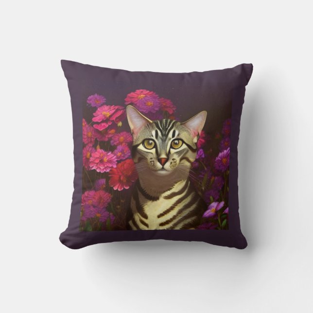 Beautiful Egyptian Mau Cat in a Night Garden Cushion (Front)