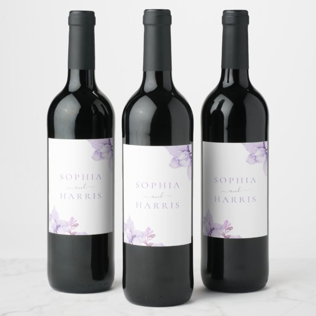 Beautiful Elegance Purple Floral Wedding Wine Label (Bottles)