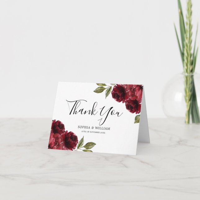 Beautiful Elegant Burgundy Red Flowers Wedding Thank You Card (Front)