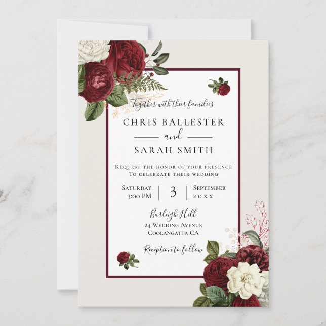 Beautiful Elegant Burgundy Red Romantic Wedding In Invitation (Front)
