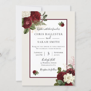 Beautiful Elegant Burgundy Red Romantic Wedding In Invitation