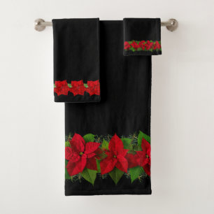 Beautiful Elegant Christmas Red Poinsettia & Black Bath Towel Set