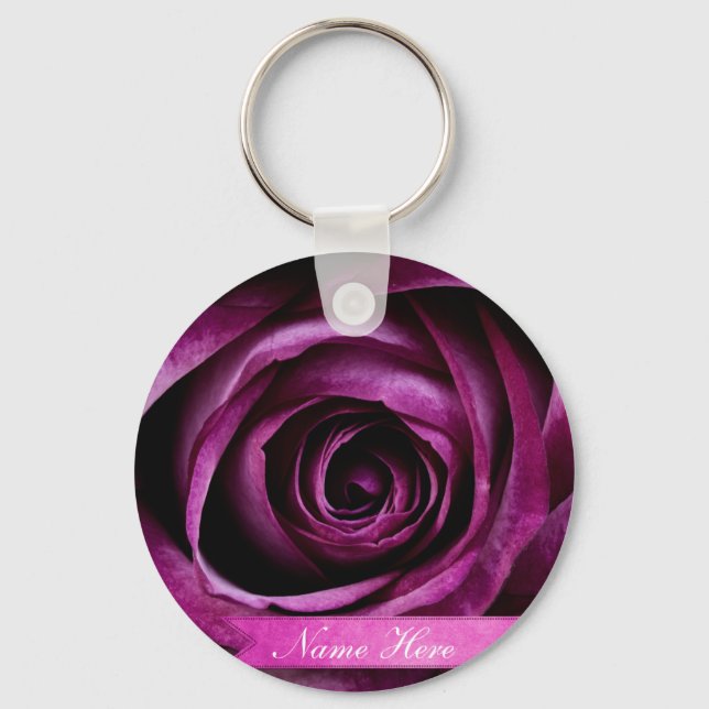 Beautiful Elegant Dramatic Purple Rose with Ribbon Key Ring (Front)