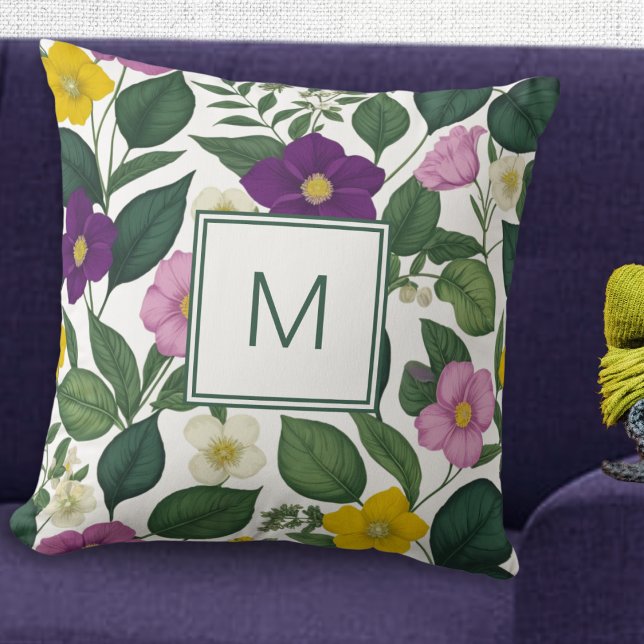 Beautiful Elegant Floral Print Spring Flowers Cushion (A pretty monogrammed cushion with purple, pink, yellow and white flowers and green leaves)