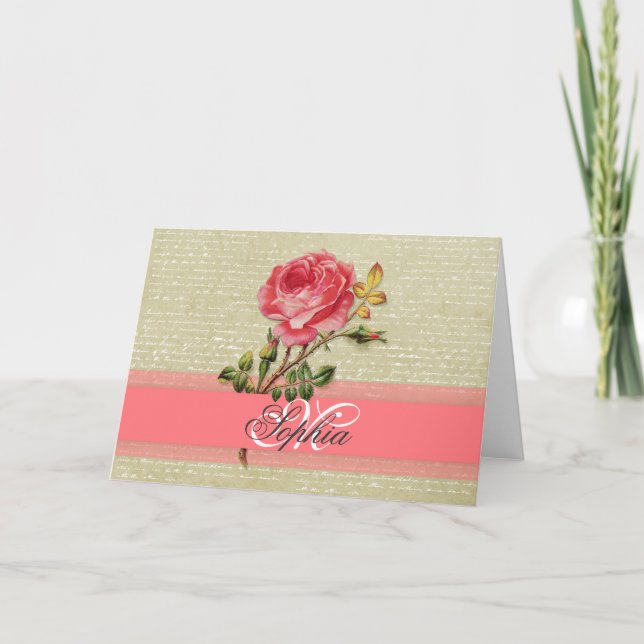 Beautiful  elegant girly monogram vintage roses note card (Front)