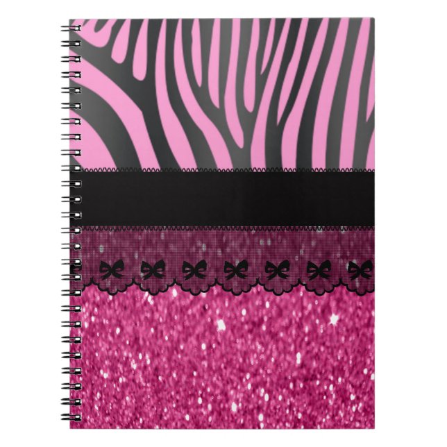 Beautiful elegant girly  zebra lace glitter spiral notebook (Front)