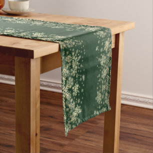 Beautiful Elegant Green & Gold Snowflakes Short Table Runner