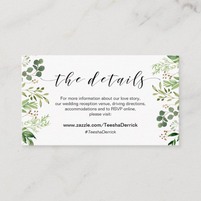 Beautiful Elegant Greenery, Black, Wedding Details Enclosure Card (Front)
