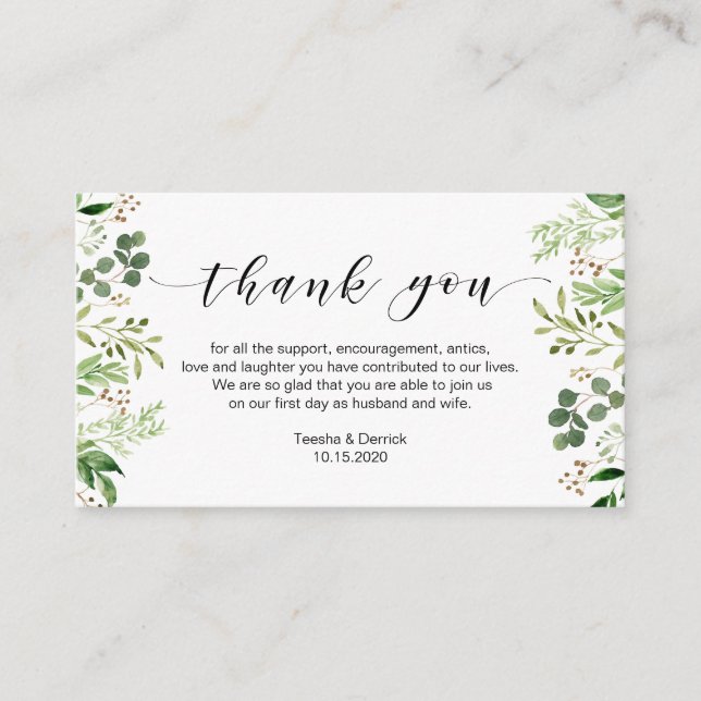 Beautiful Elegant Greenery, Wedding Thank you Enclosure Card (Front)
