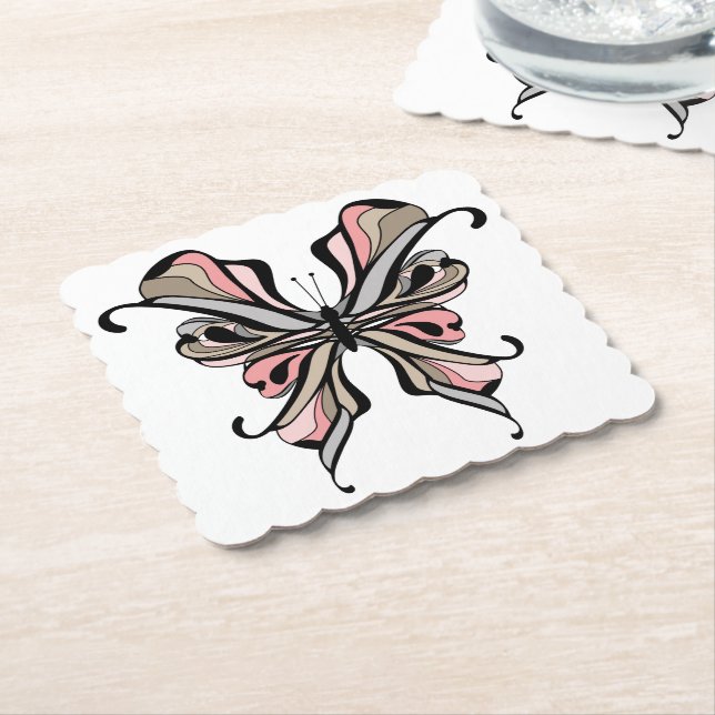 Beautiful elegant grey pink black butterfly fantas paper coaster (Angled)