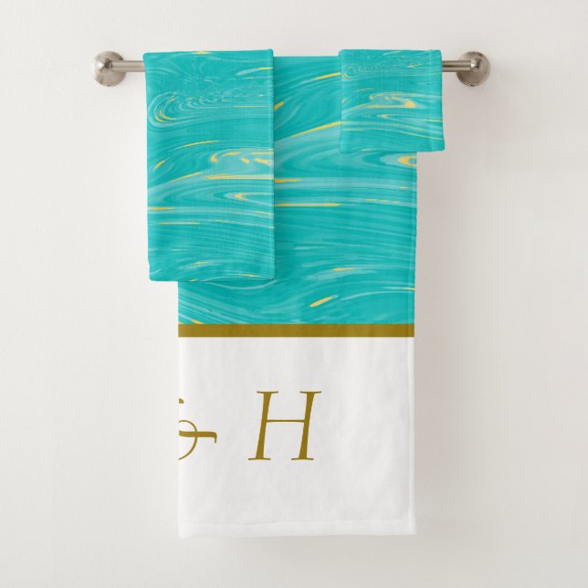 Beautiful elegant Modern Marble Blue Monograms Bath Towel Set (Insitu)