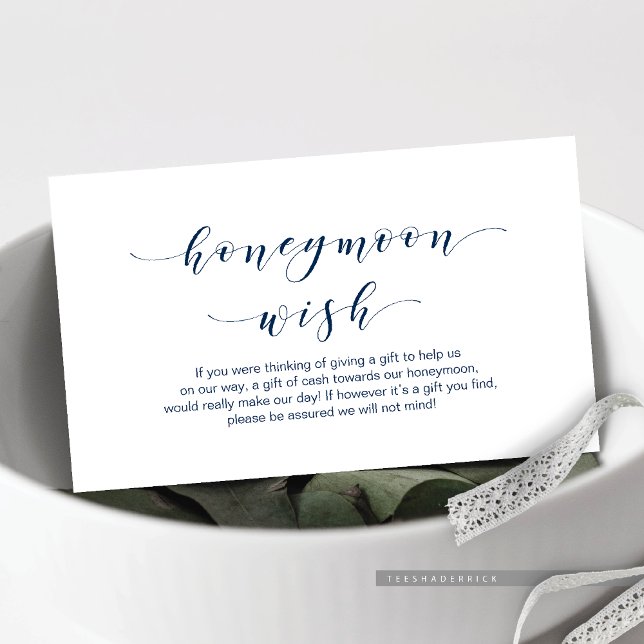 Beautiful Elegant, Navy Blue script Honeymoon Wish Enclosure Card (Wedding Honeymoon Wish Enclosure Card, in Beautiful Elegant, Navy Blue script font)