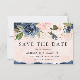 Beautiful Elegant Navy Floral Gold Blush Save The Date